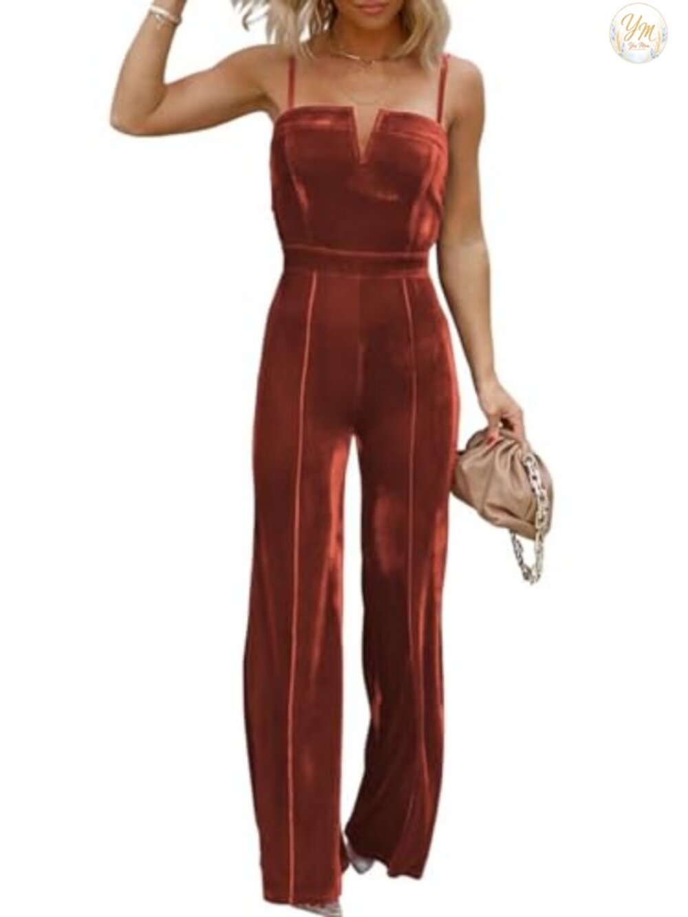 Velvet Sleeveless V-Neck Wide Leg Jumpsuit with Pockets Adjustable Straps